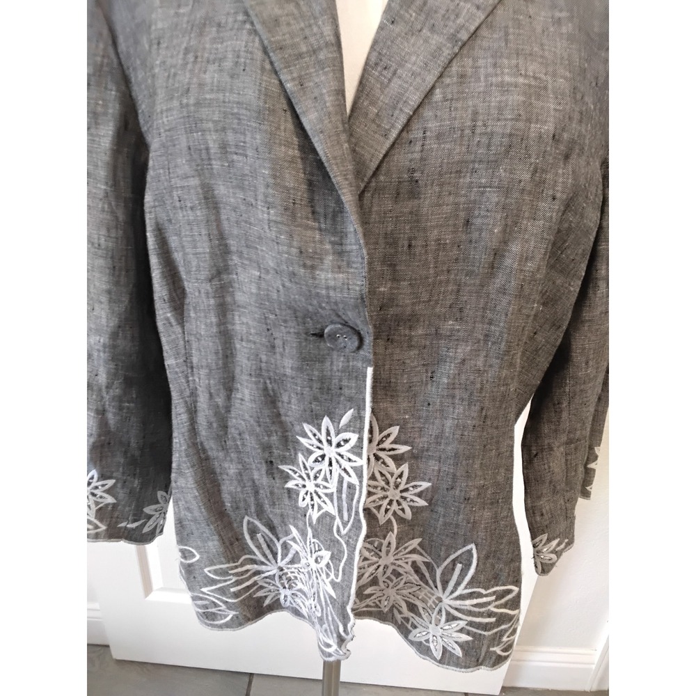 Peck & Peck Collection Women's Linen Blazer Gray Floral Embroidered Size 14